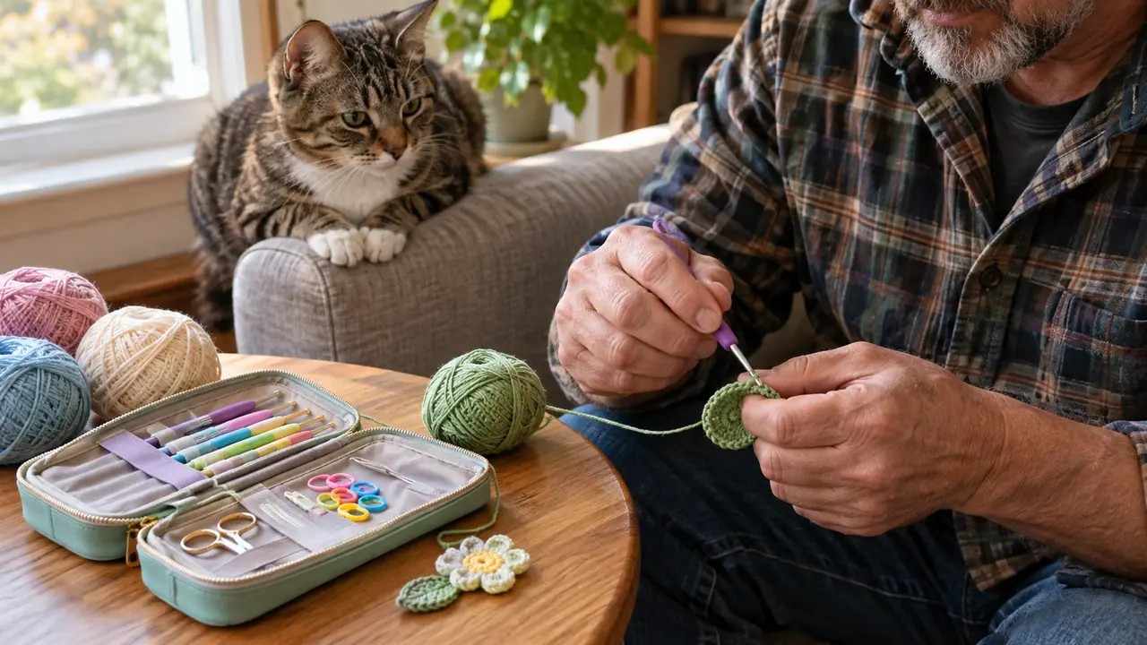 Hands working on a small crochet kit on a wooden side table, a cat watching from the arm of the chair