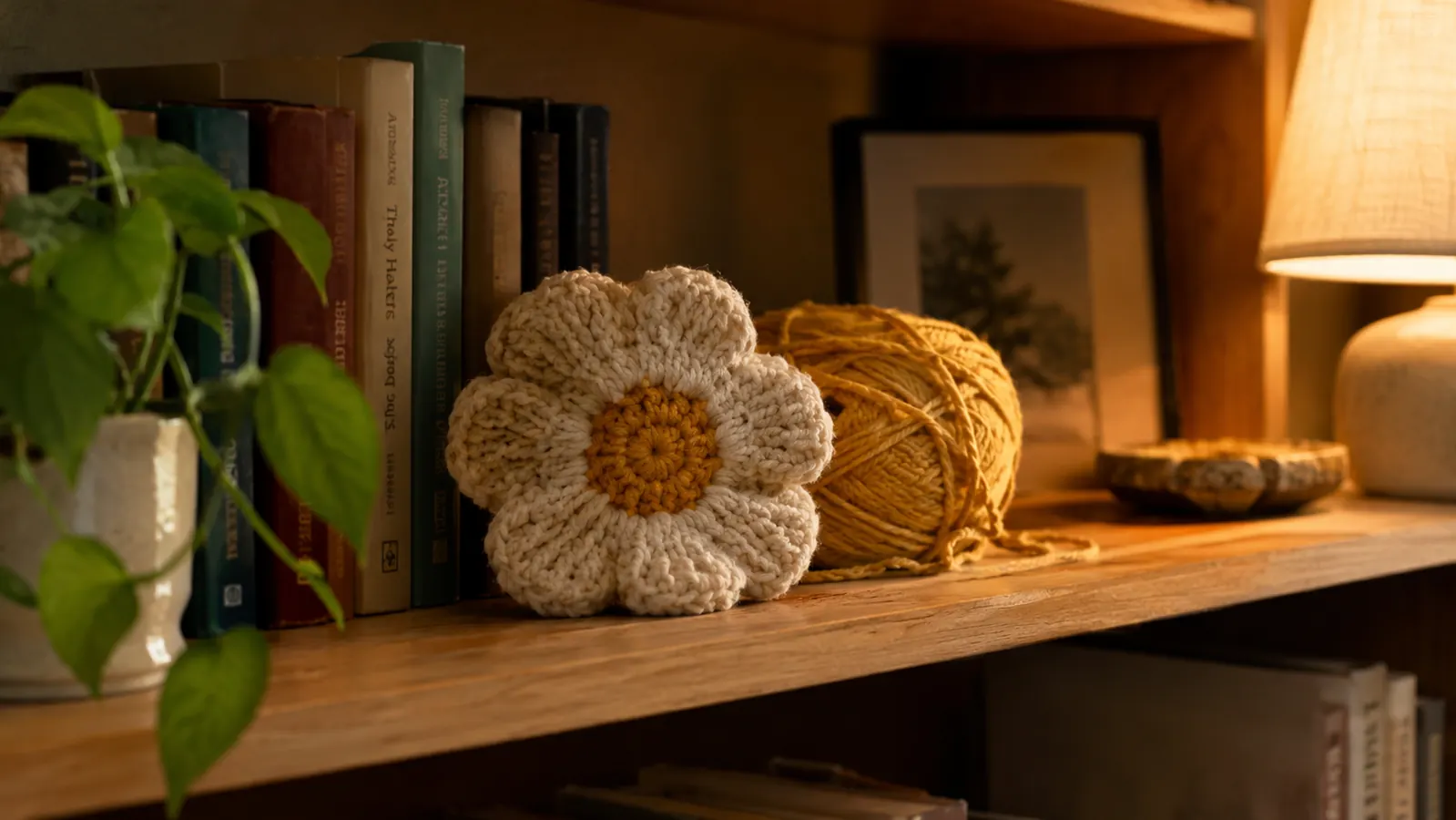 A finished crochet project resting on a bookshelf next to a ball of yarn, warm lamp light