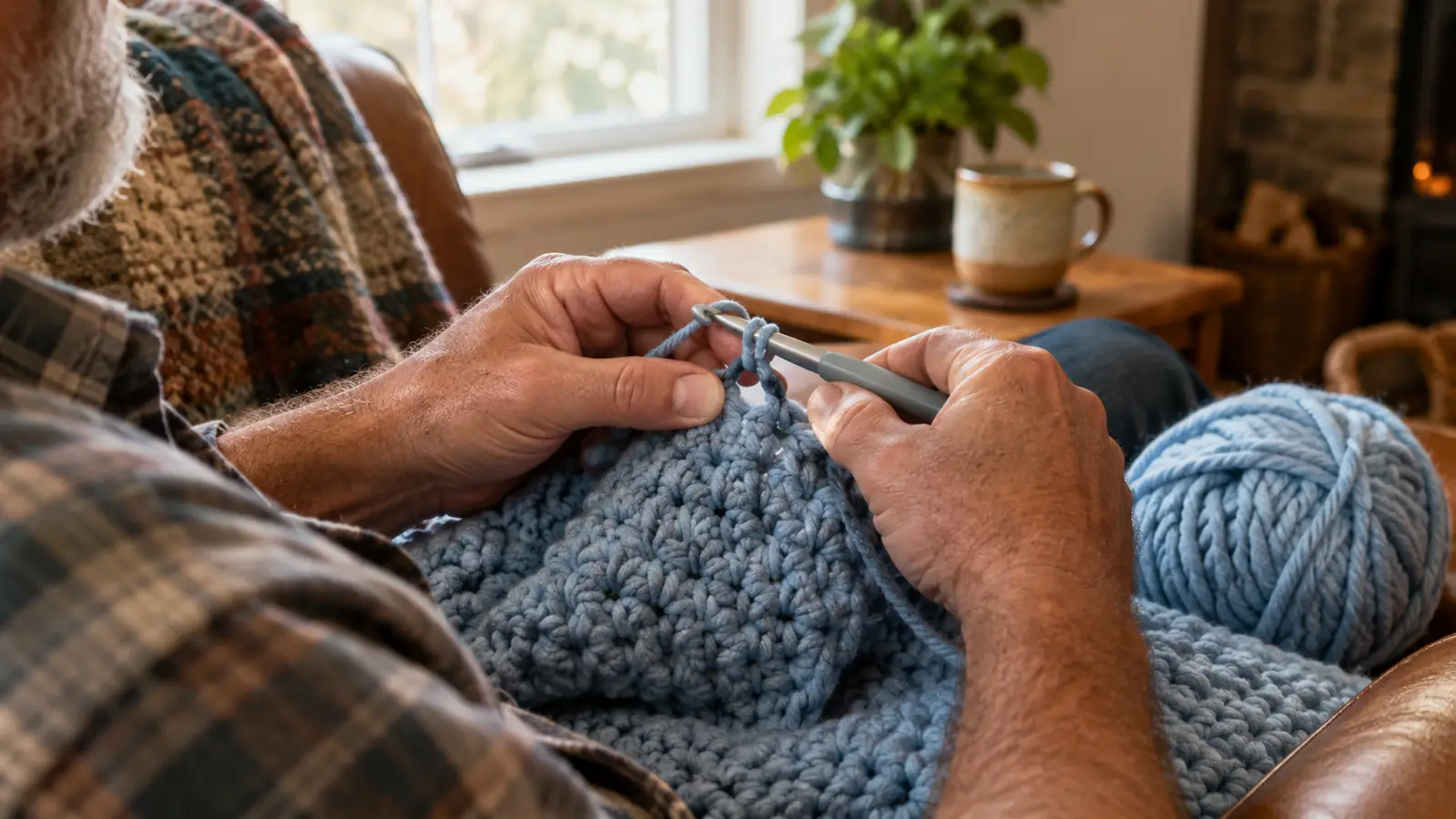 Hands crocheting with bulky yarn in a living room