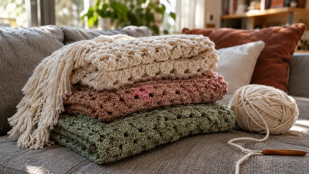A small stack of folded crochet throws on a couch with bulky yarn