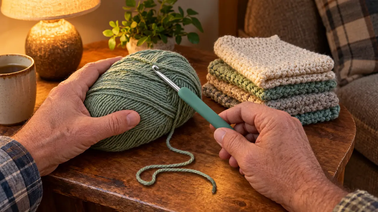 A crochet hook with a comfortable handle resting on a skein of yarn and a small stack of finished dishcloths