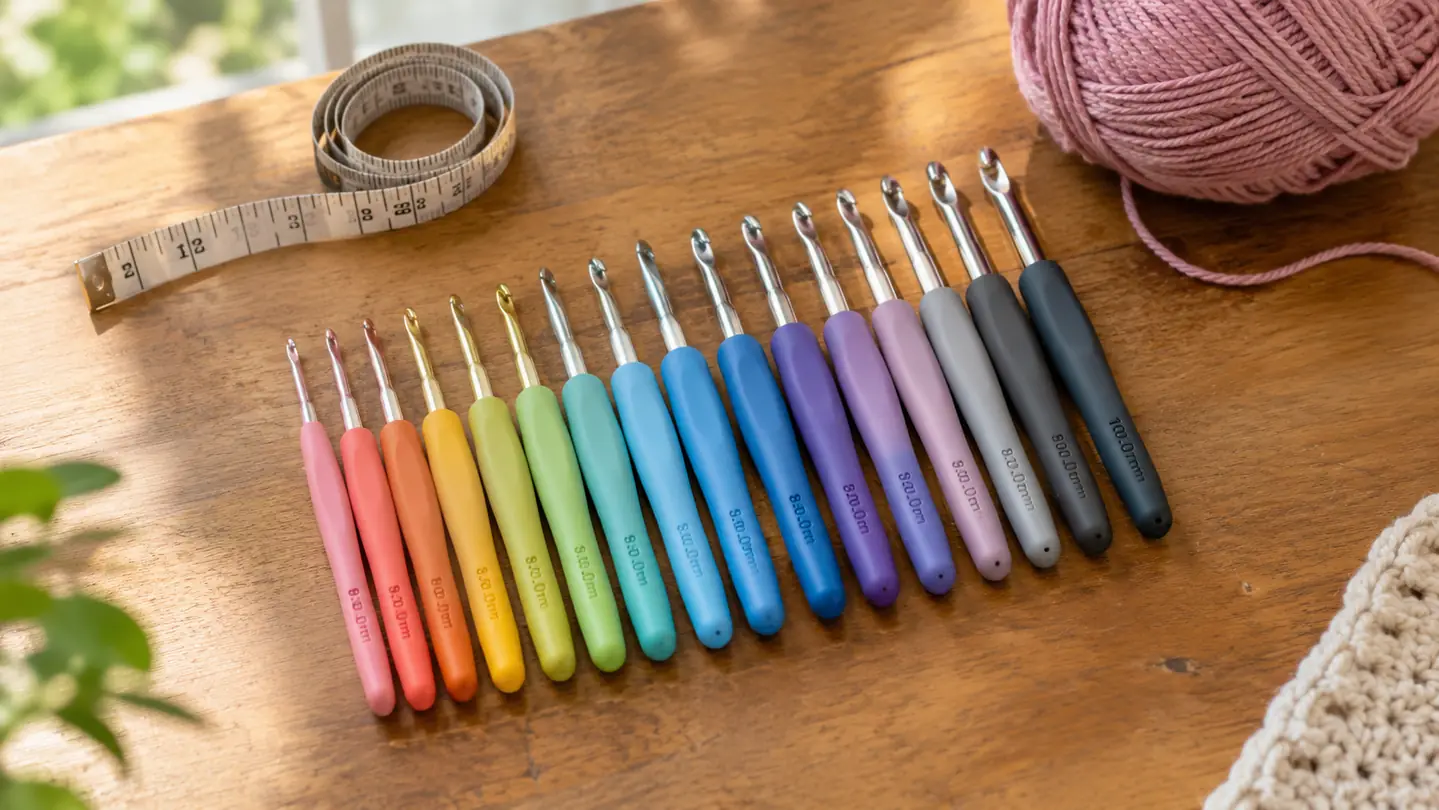 A row of crochet hooks of different sizes laid out on a wooden table beside a measuring tape