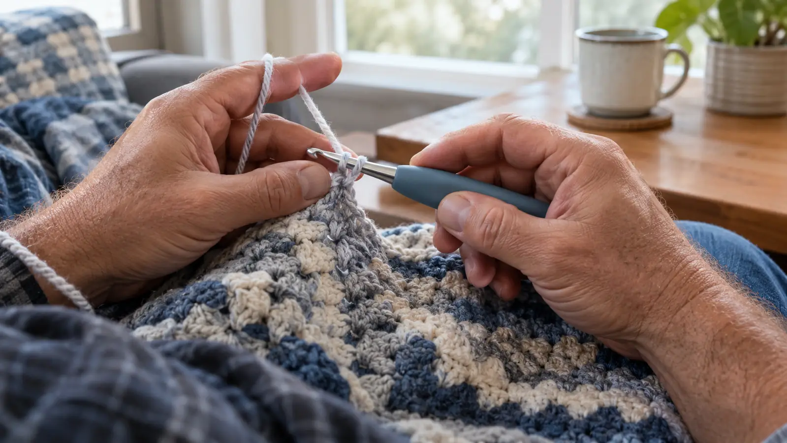 Close-up of a hand holding an ergonomic crochet hook mid-stitch, with yarn wrapped around the fingers and a blanket in progress.