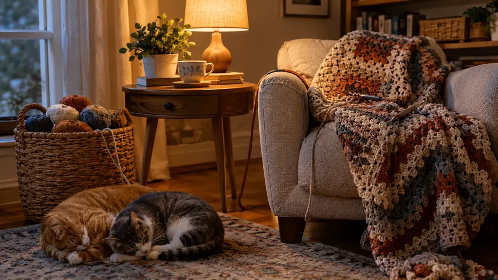 An evening scene with a side table holding a cup of tea, a basket of yarn, a half-finished crochet blanket, and two cats curled up nearby.