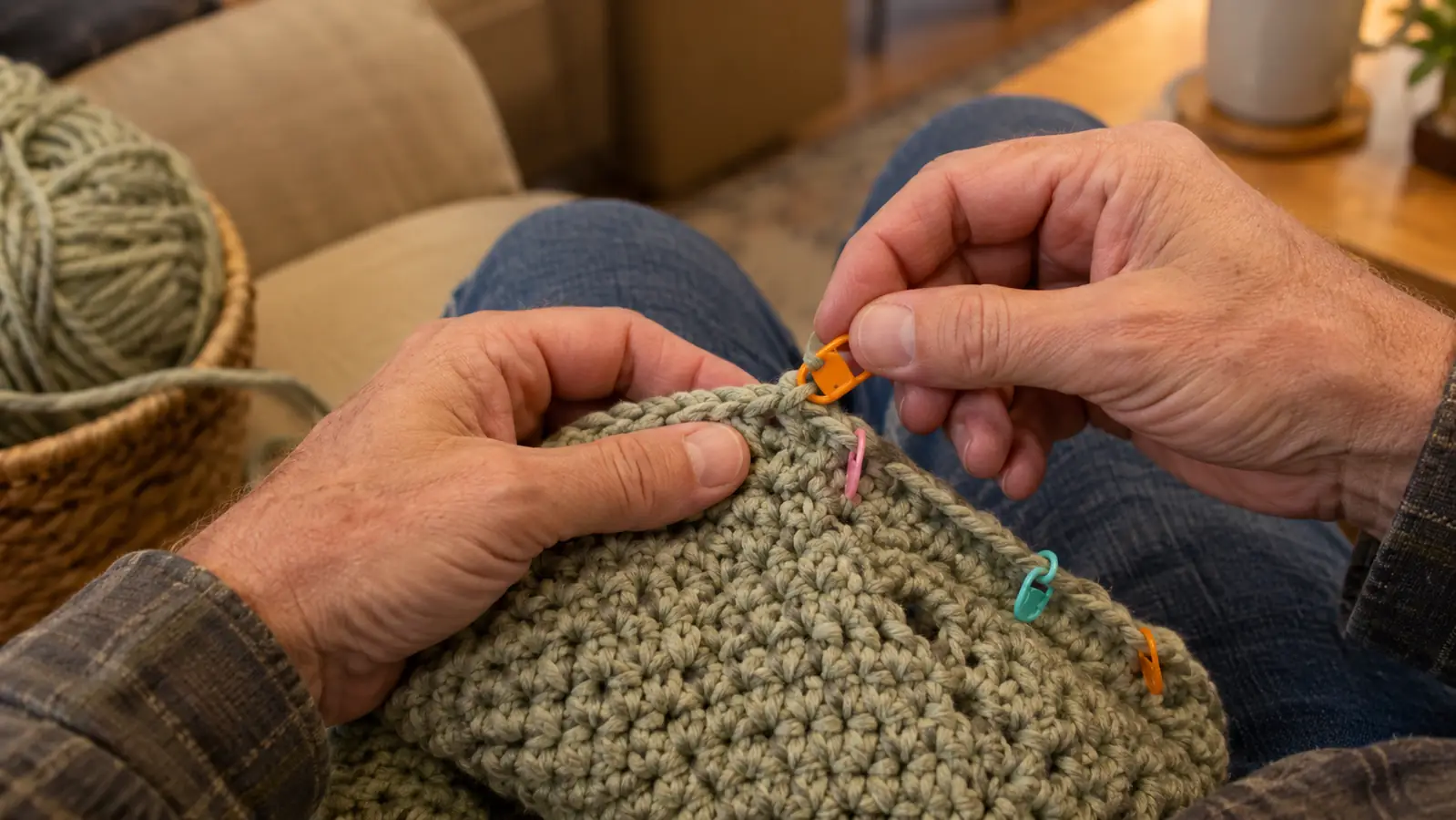 A hand clipping a small locking stitch marker onto a crochet project near the hook