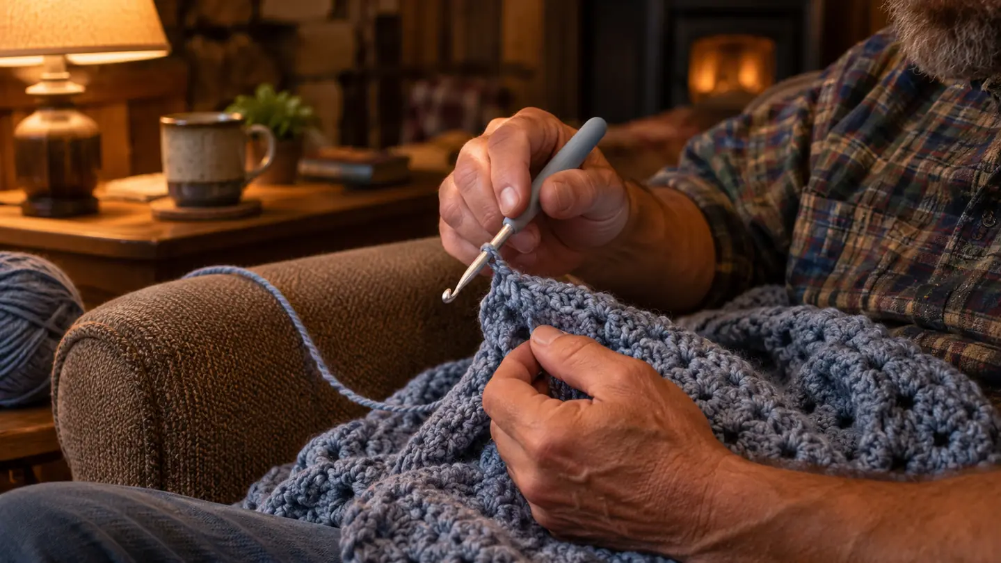 A hand holding a crochet hook over a row of stitches on a blanket in progress