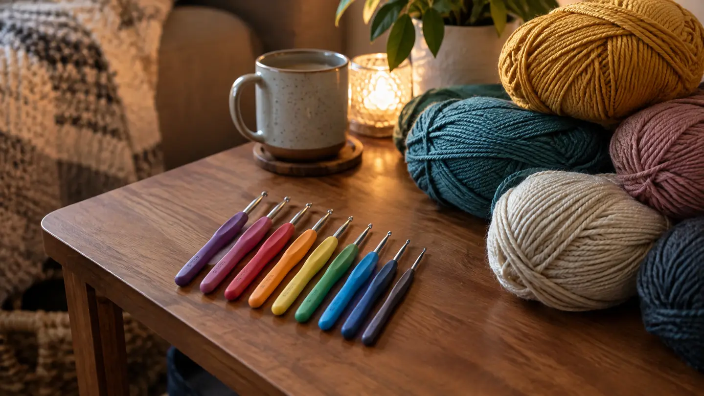 Several crochet hooks of different sizes laid out on a wooden side table beside stacked skeins of yarn