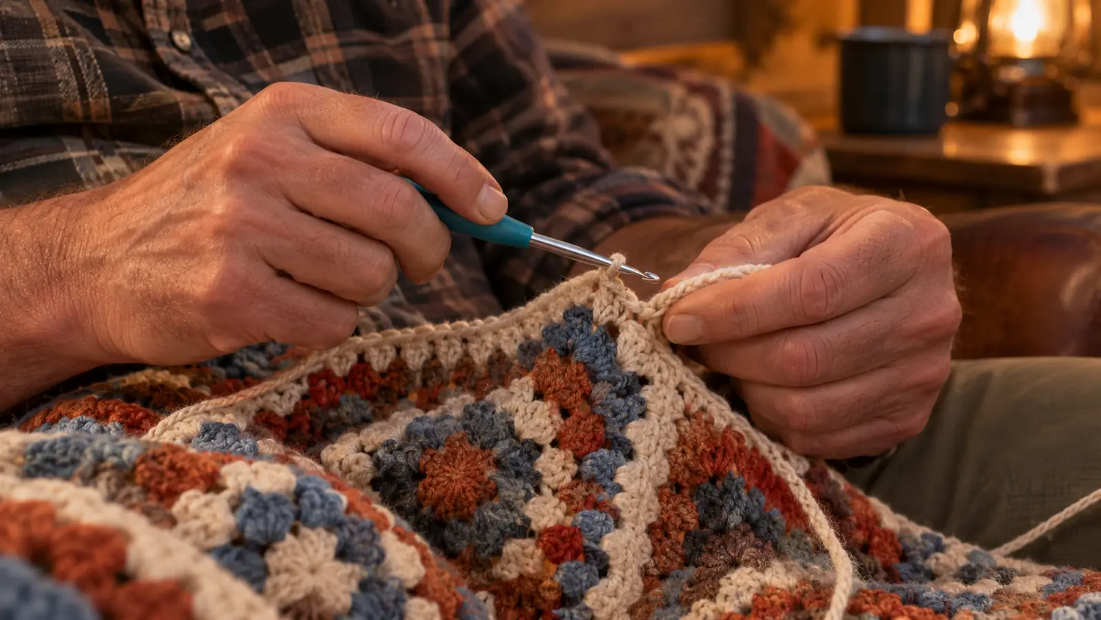 A hand crocheting a half-finished afghan with a hook from the set