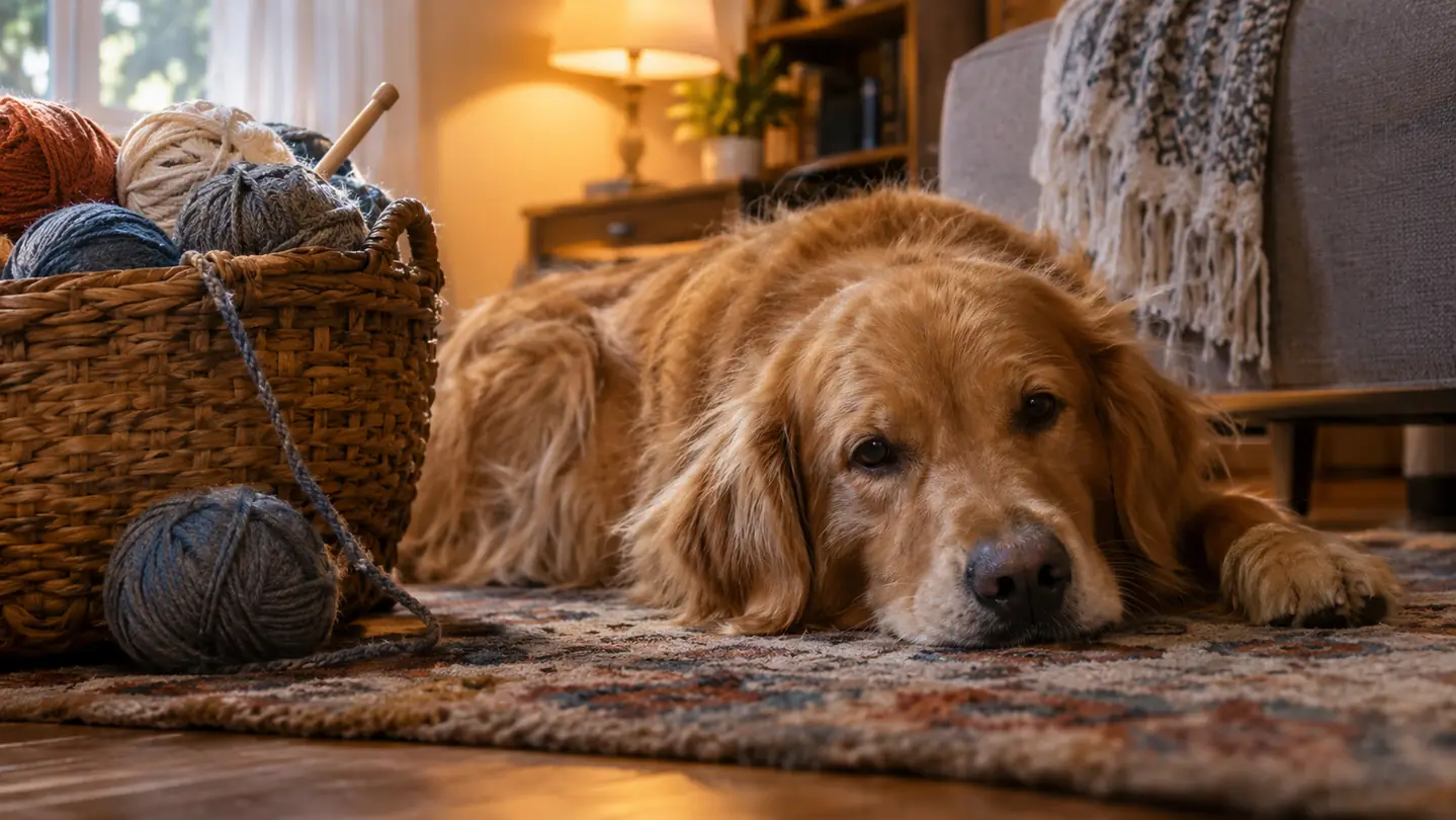 A dog resting near a basket of yarn on a rug