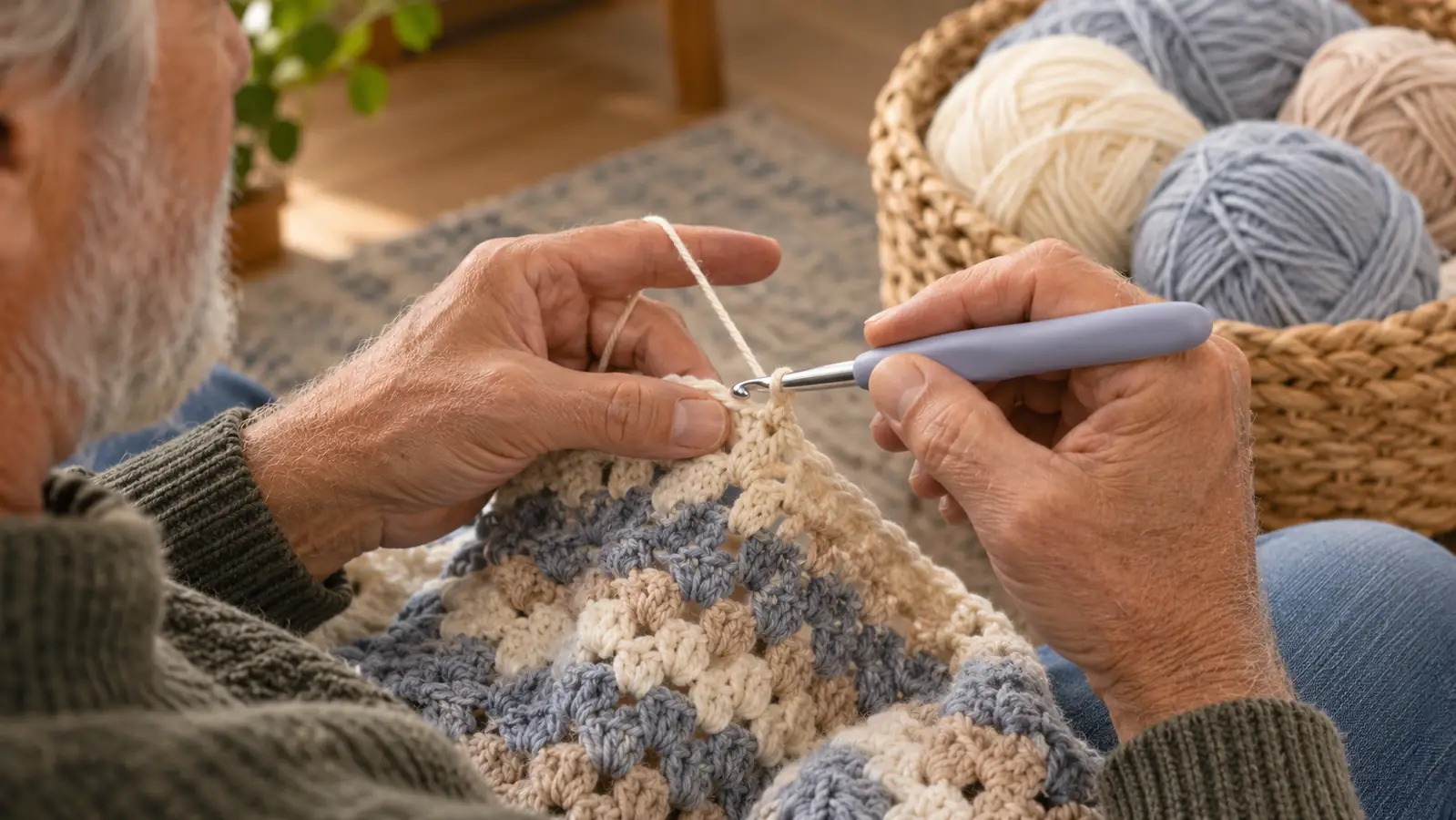 Close view of a hand holding a crochet hook while working on a partially finished blanket, with yarn trailing from the work