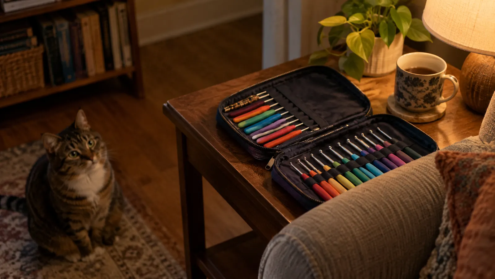 An open zippered case of crochet hooks on a side table beside an armchair, with a cat watching from the floor