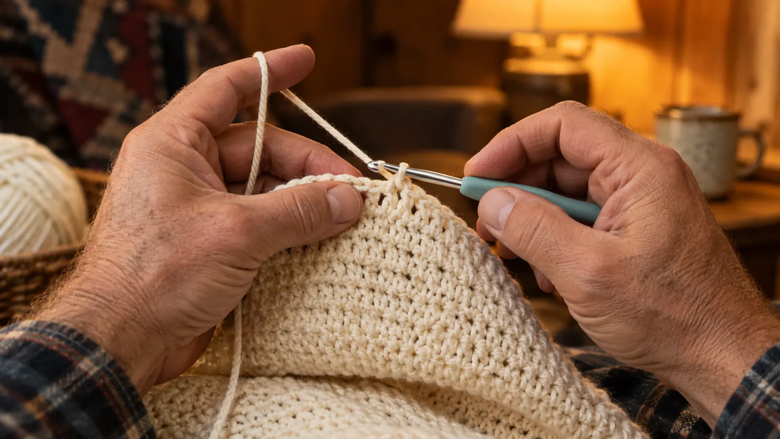 A hand holding a crochet hook while working a row of double crochet in cream yarn