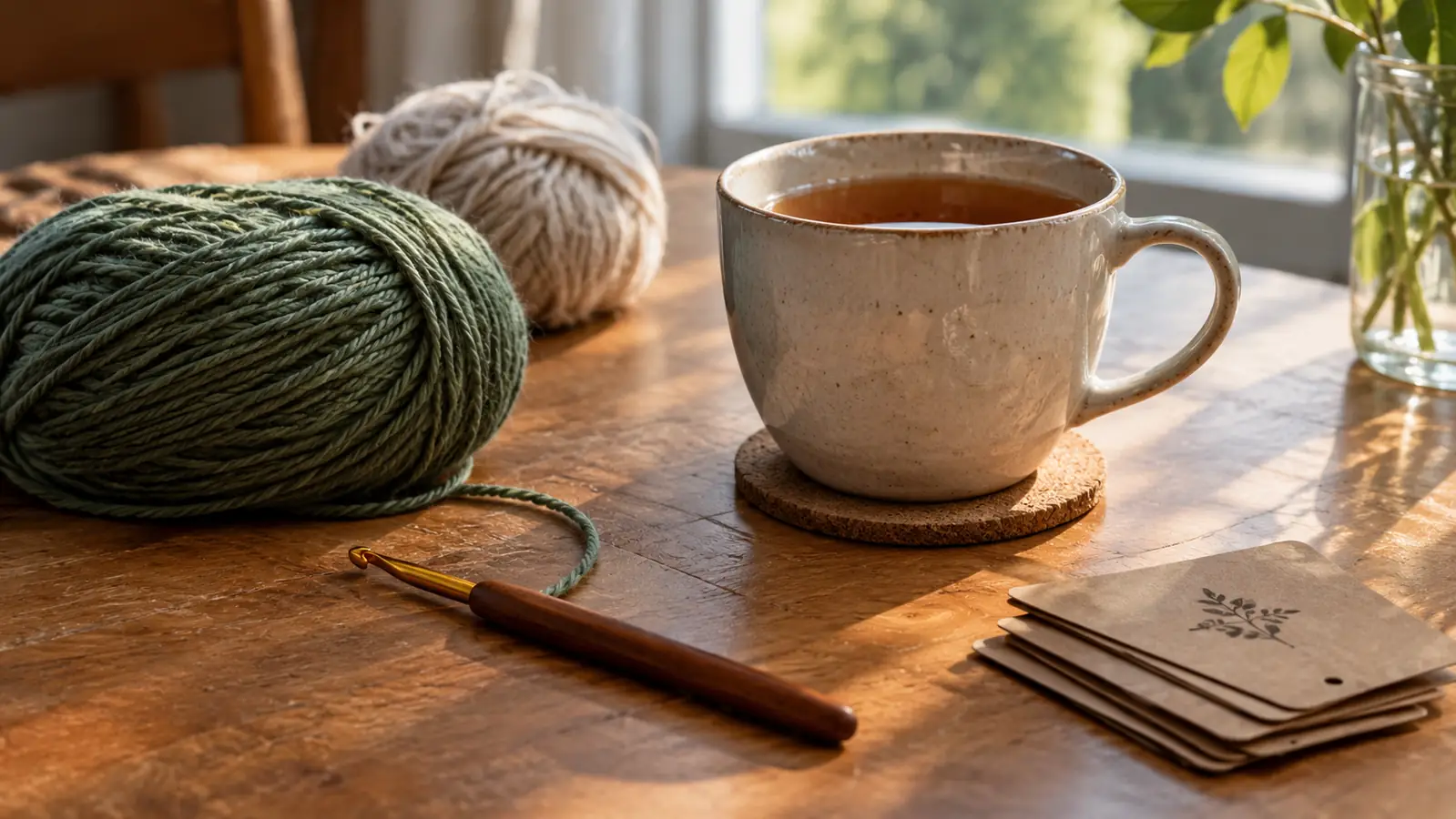 A crochet hook lying on a wooden table beside a cup of tea and a stack of yarn labels
