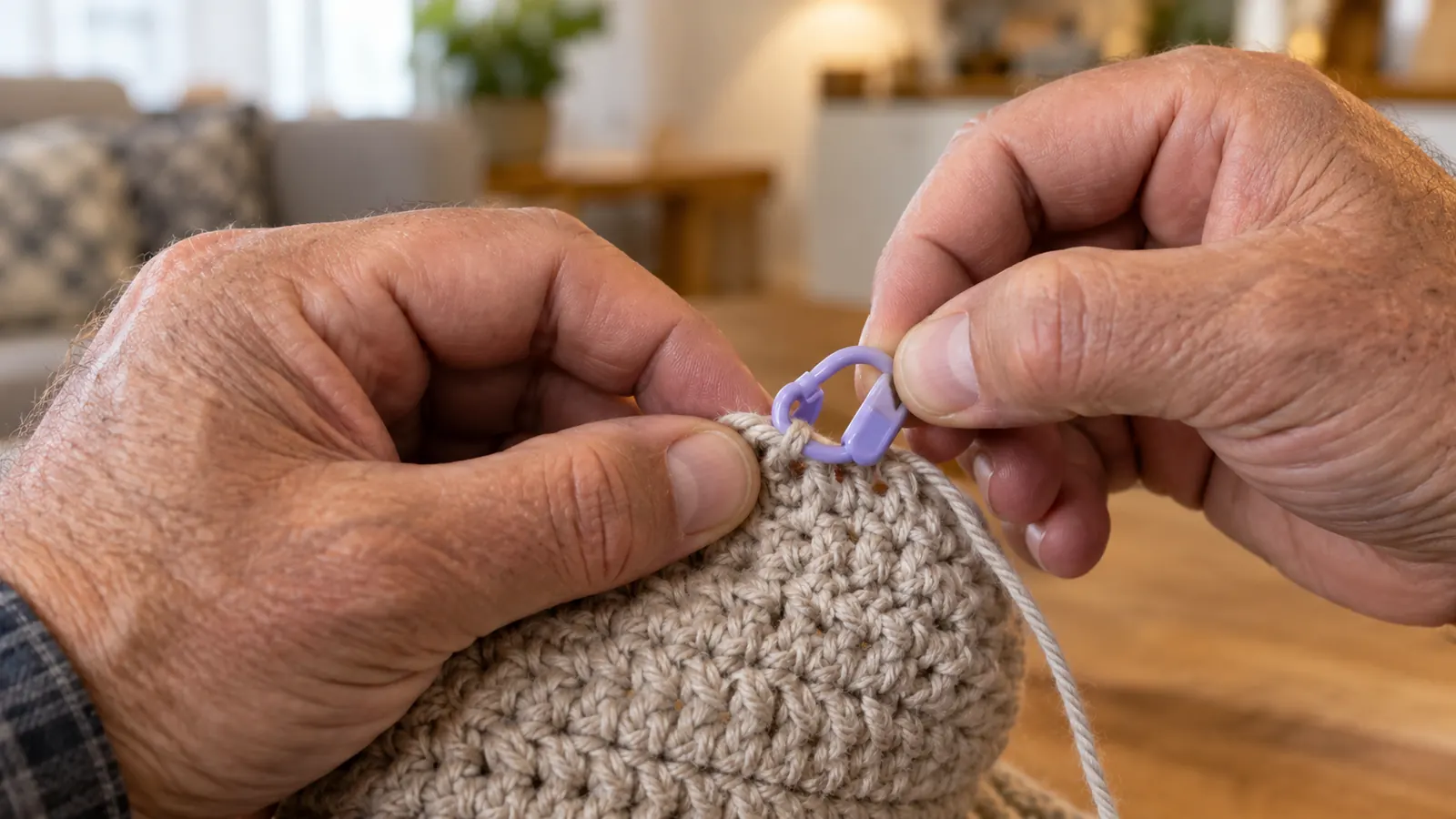A person's hands opening a locking stitch marker and clipping it onto a row of crochet stitches