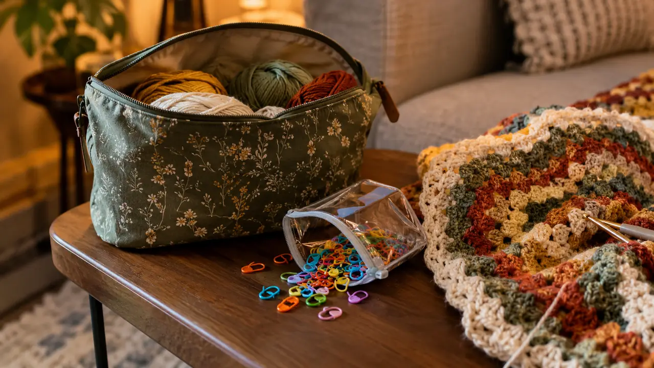A crocheter's project bag with a small zippered pouch full of colorful locking stitch markers spilling onto a side table
