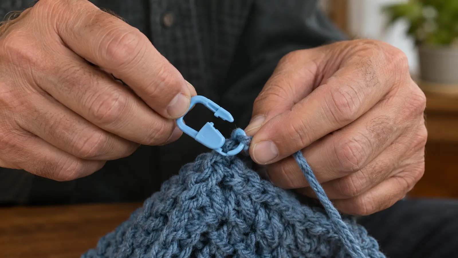 A hand opening and clipping a locking stitch marker onto a crochet stitch