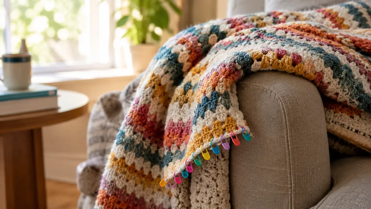 A row of locking stitch markers in several colors clipped along the edge of a finished afghan