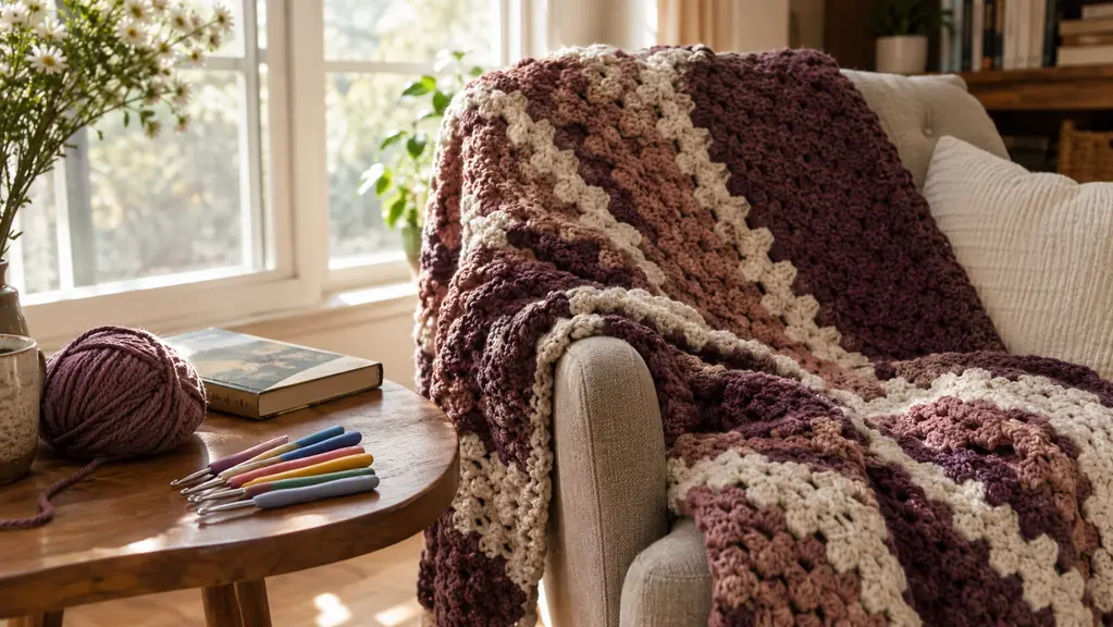 A half-finished chunky afghan draped over an armchair by a sunny window, with a set of colorful ergonomic crochet hooks and a ball of yarn on the side table