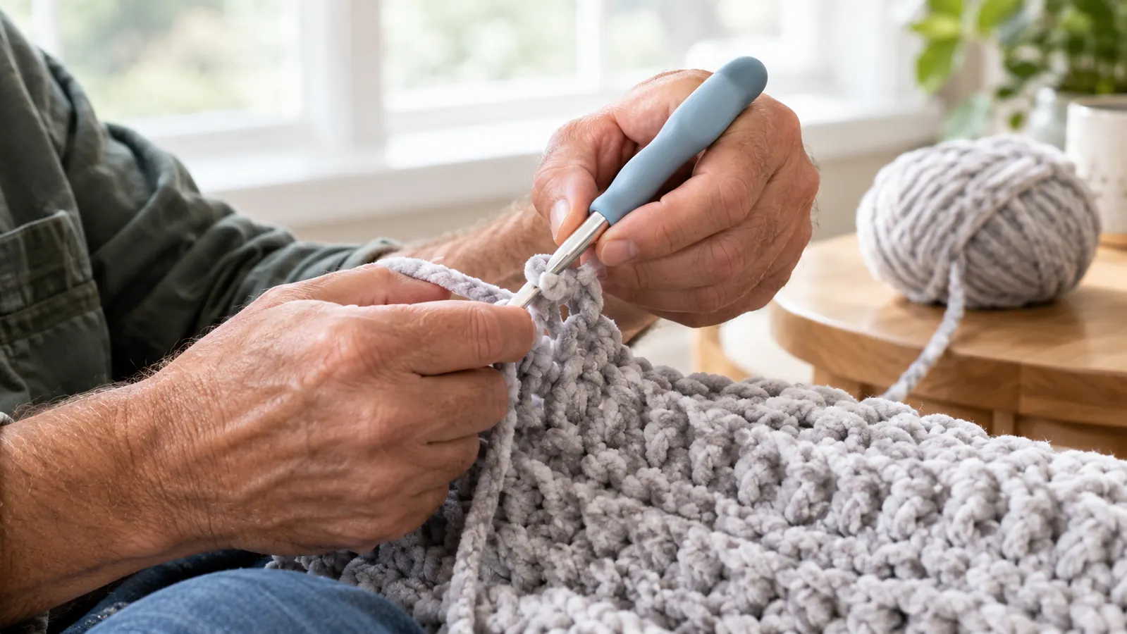 Hands crocheting a chunky blanket with bulky yarn, the yarn ball resting on a side table