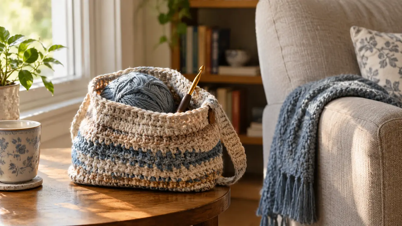 A crochet project bag with a ball of bulky yarn and a hook on a side table beside an armchair