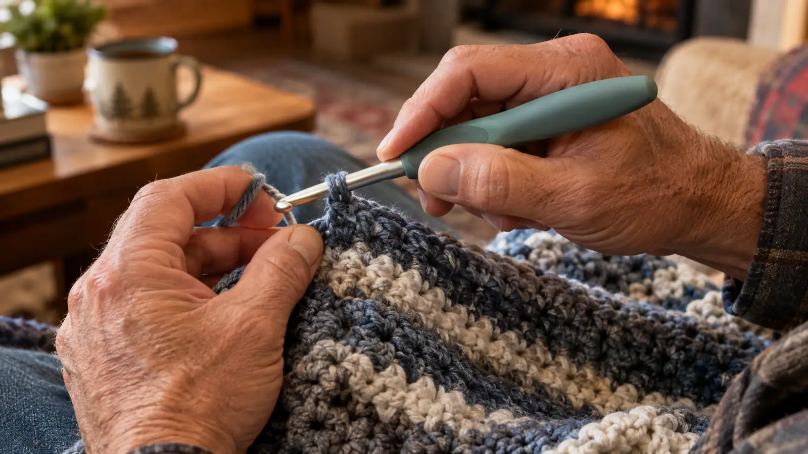 A hand holding an ergonomic crochet hook with a padded handle, working on a soft blanket in a lap