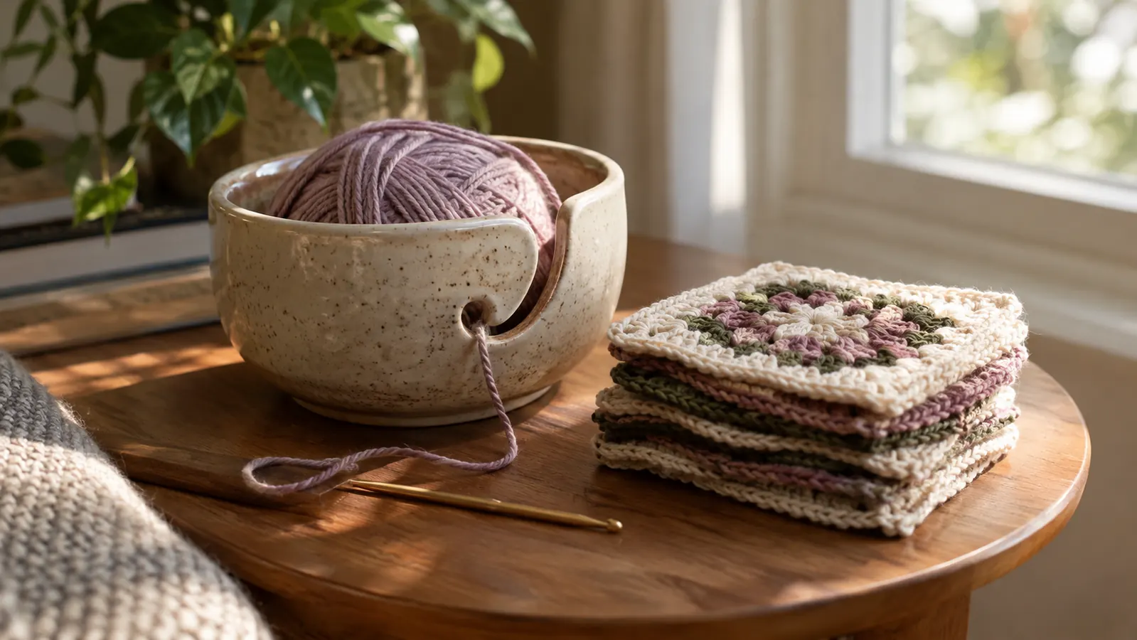 A yarn bowl, a ball of yarn, and a small stack of finished crochet squares on a wooden side table