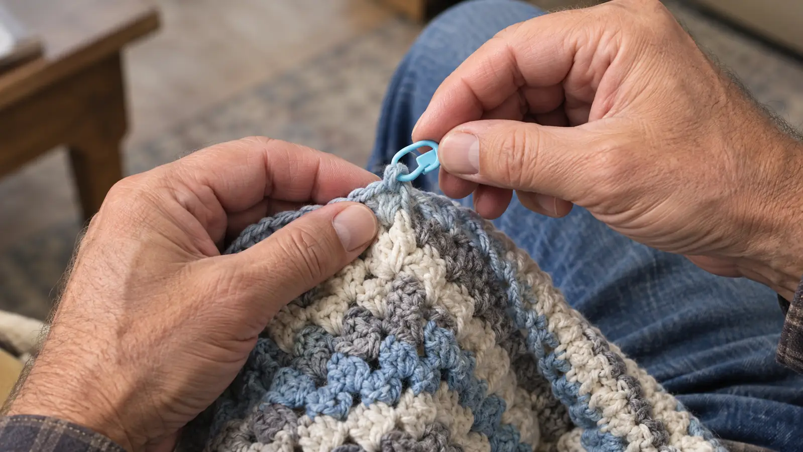 A hand placing a small locking stitch marker into the top of a crochet stitch on a blanket in progress