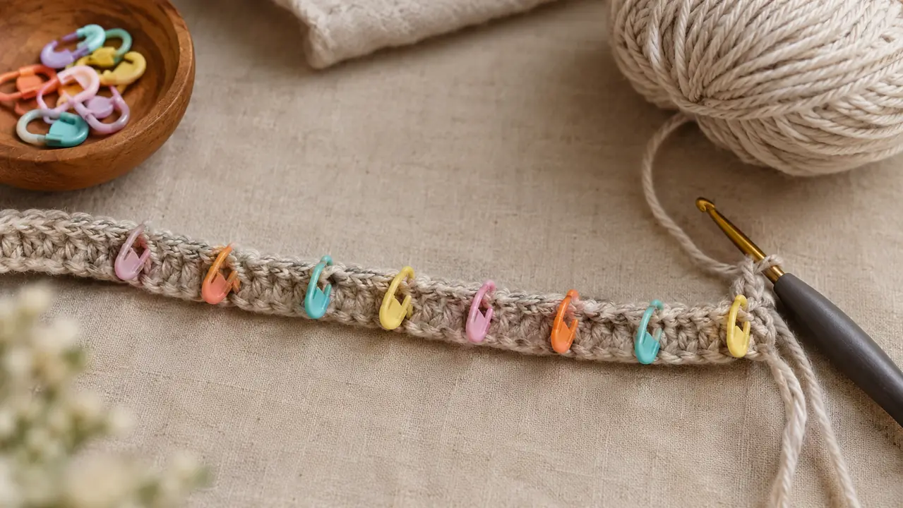A row of crochet stitches with a stitch marker clipped into every tenth stitch, seen from above