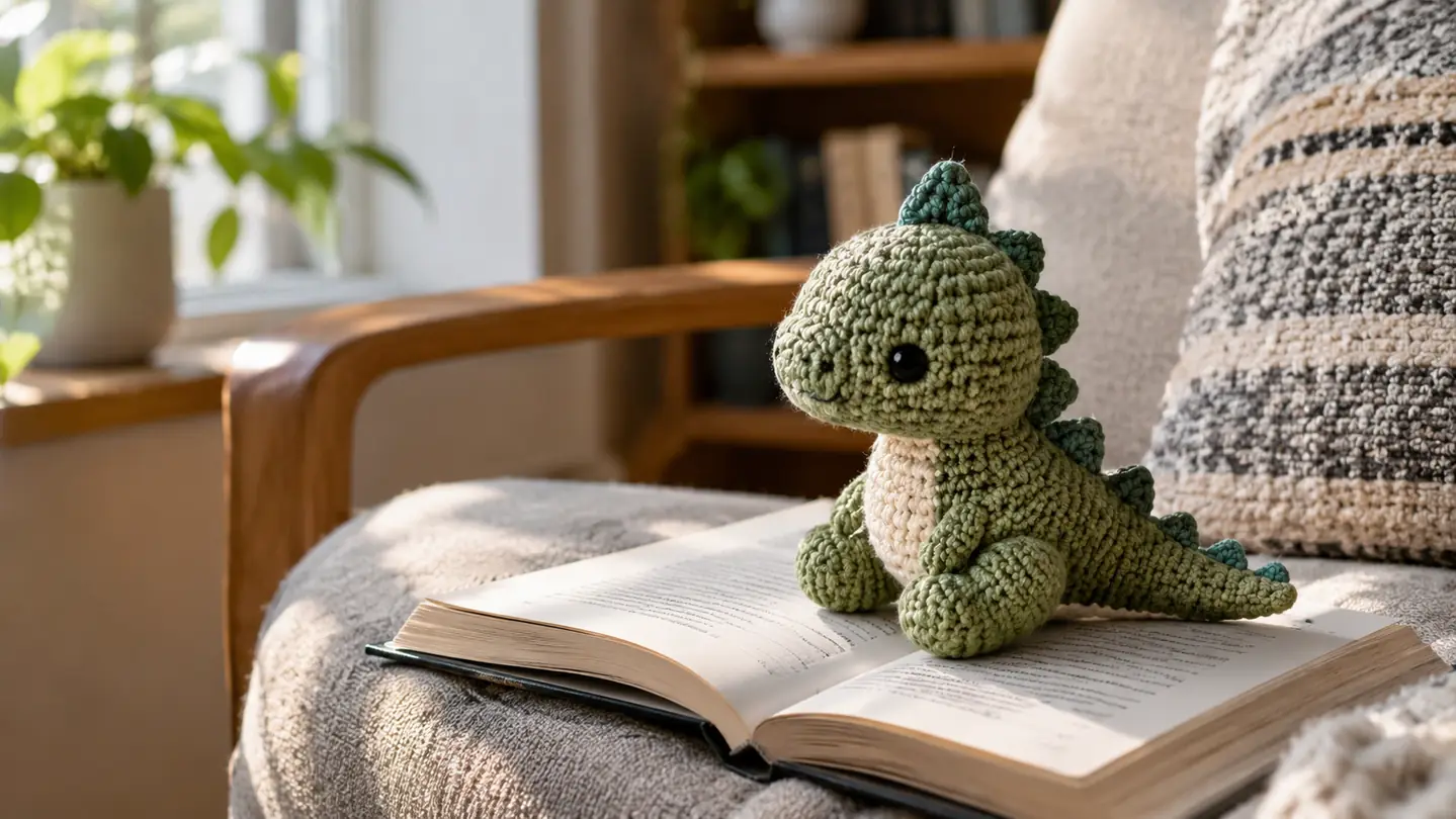 A small crochet dinosaur sitting on an open book on an armchair