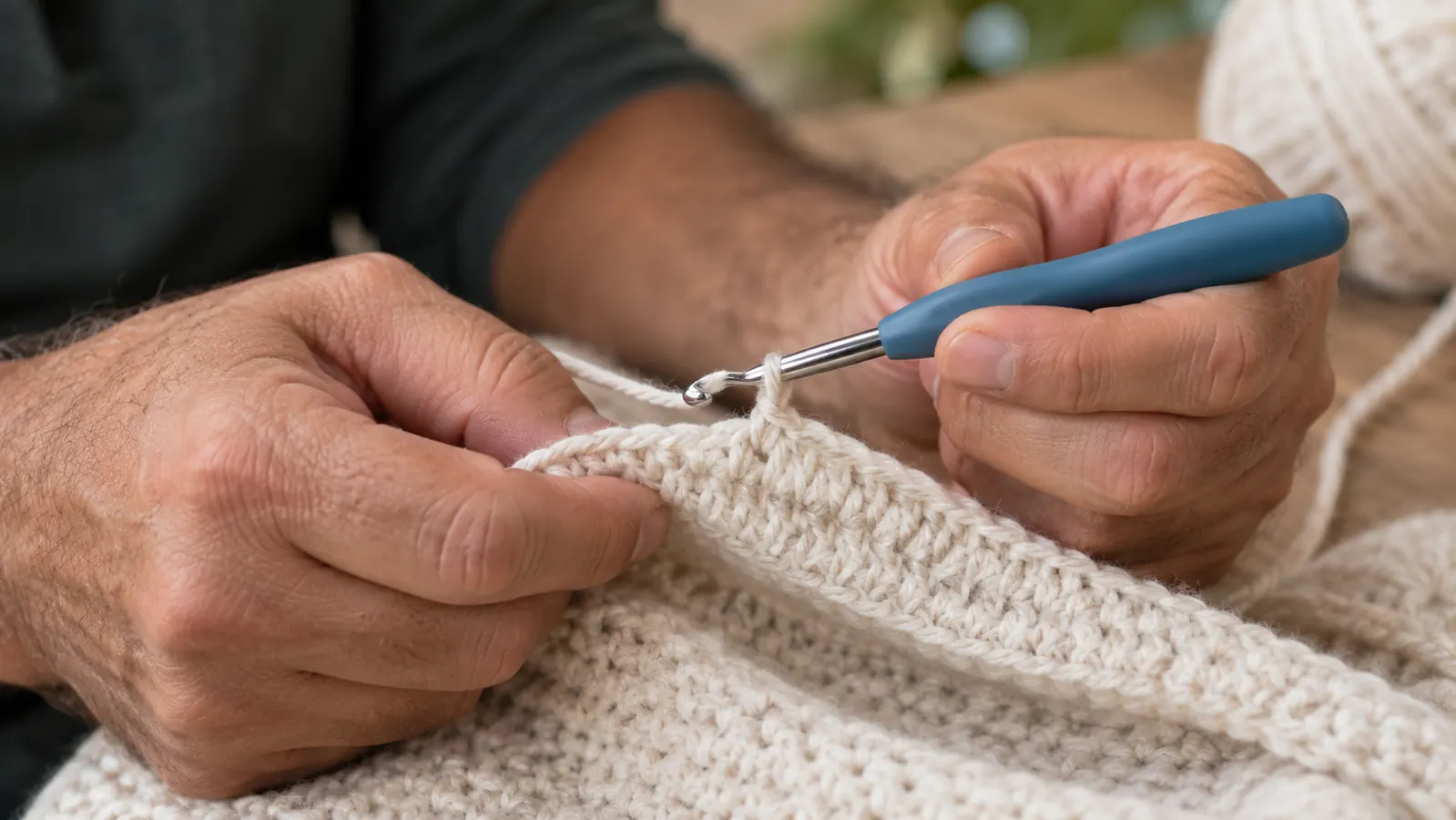 Close-up of a hand holding a crochet hook over a partially finished row of stitches