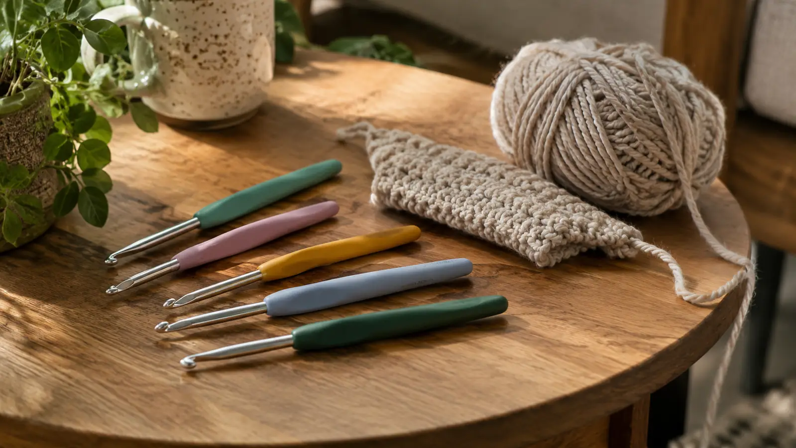 Several crochet hooks laid on a wooden side table next to a small gauge swatch