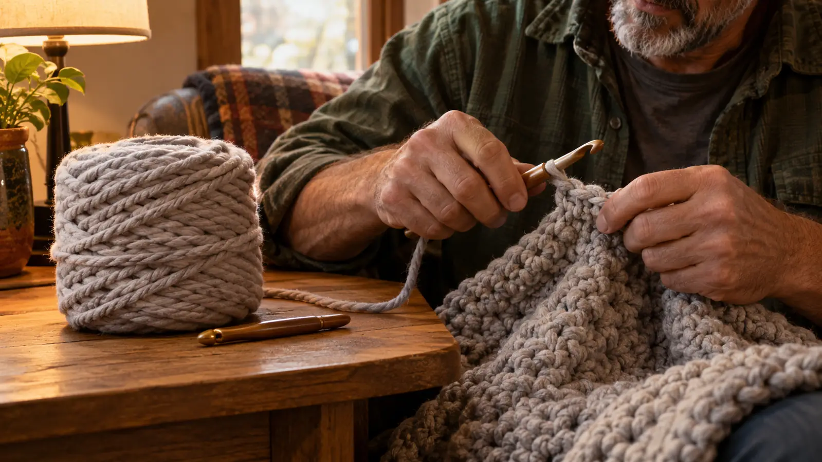 A skein of bulky yarn beside a crochet hook and a partially finished blanket