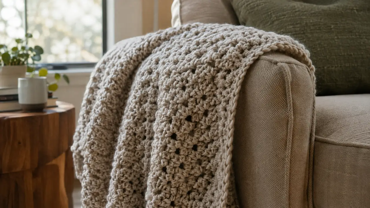 A crocheted swatch of bulky yarn draped over the arm of a chair