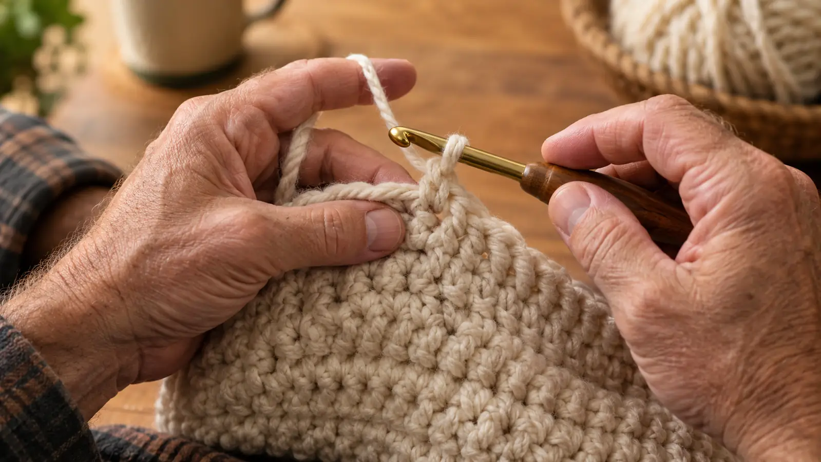 Hands crocheting a bulky yarn blanket with a large hook