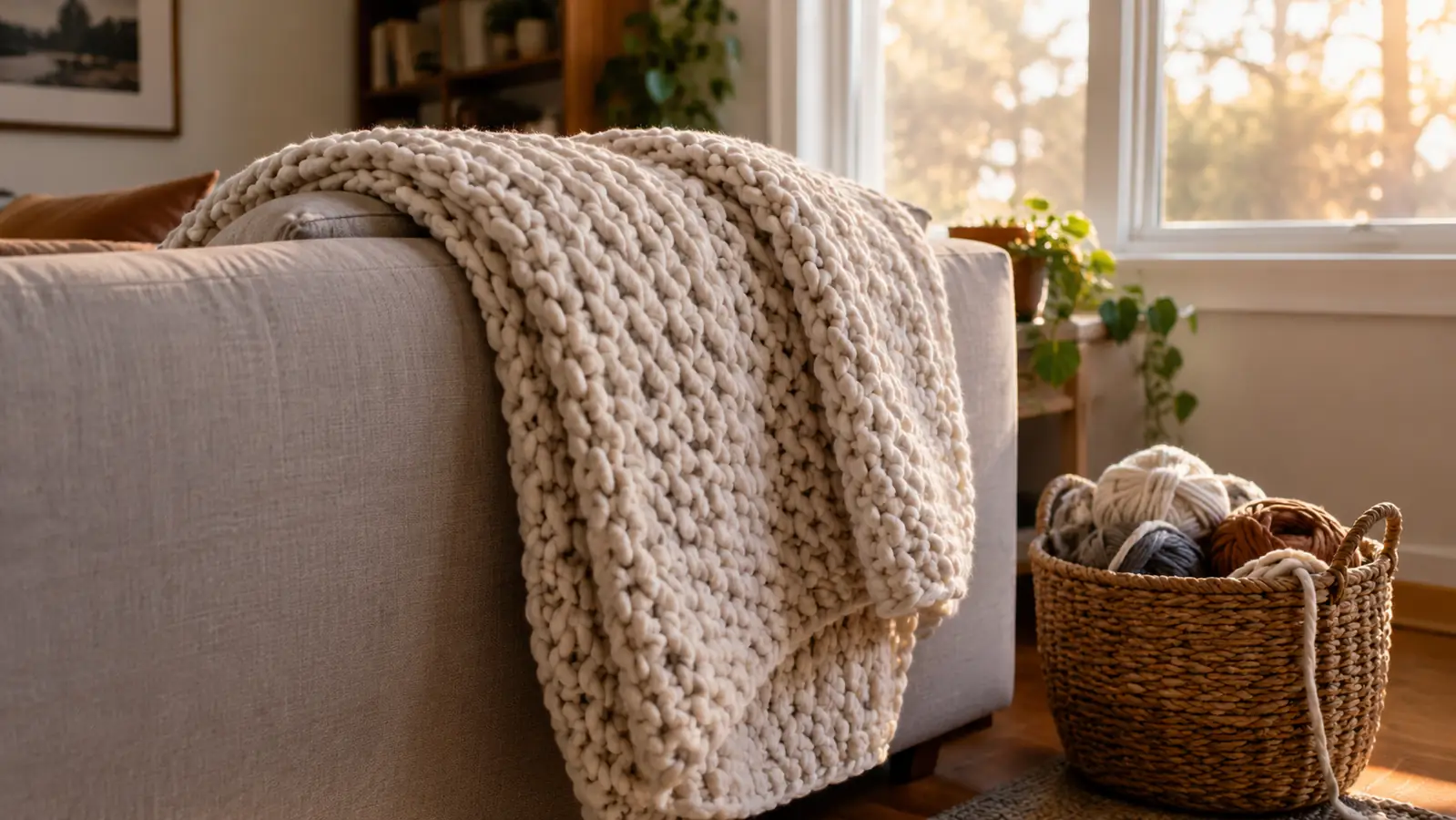 A finished bulky yarn blanket folded over the back of a couch