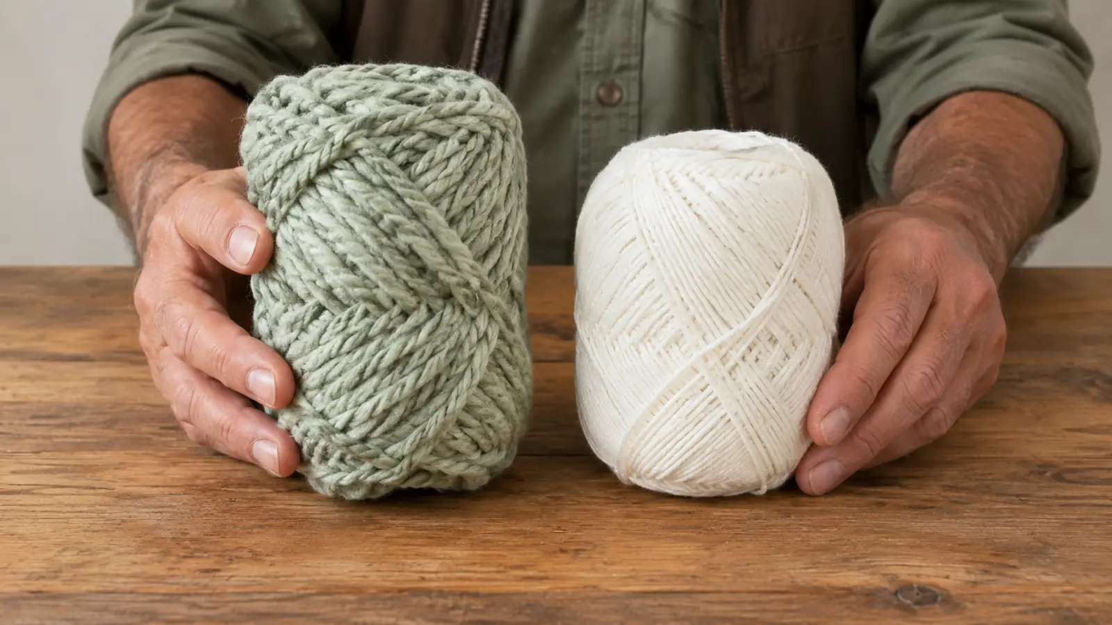 A hand holding the bulky yarn product next to a plain acrylic skein on a wooden table, showing the difference in thickness