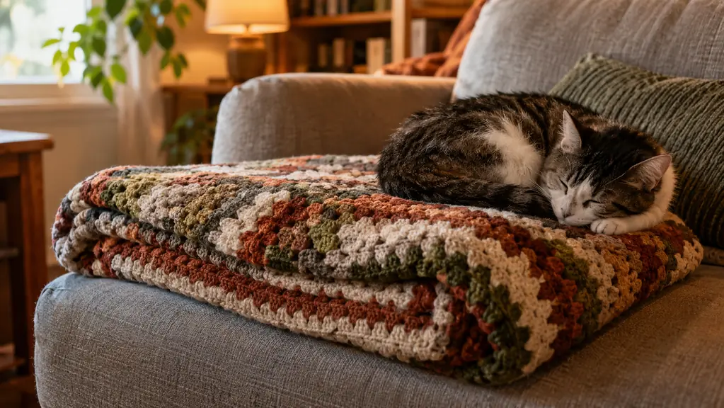 A finished crochet blanket folded on a couch with a cat curled up on one corner