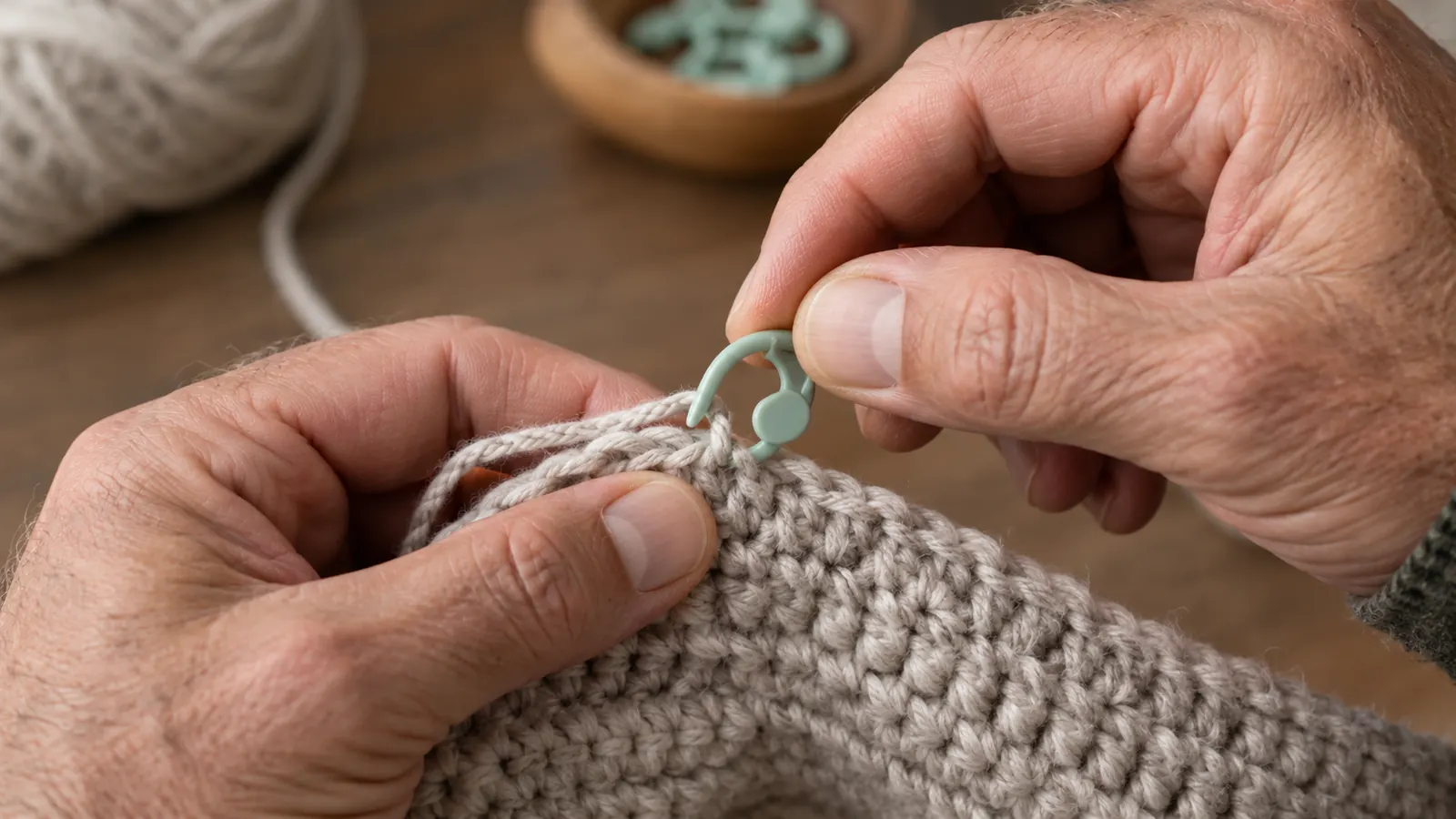 Hand clipping a locking stitch marker onto a stitch in a crocheted row