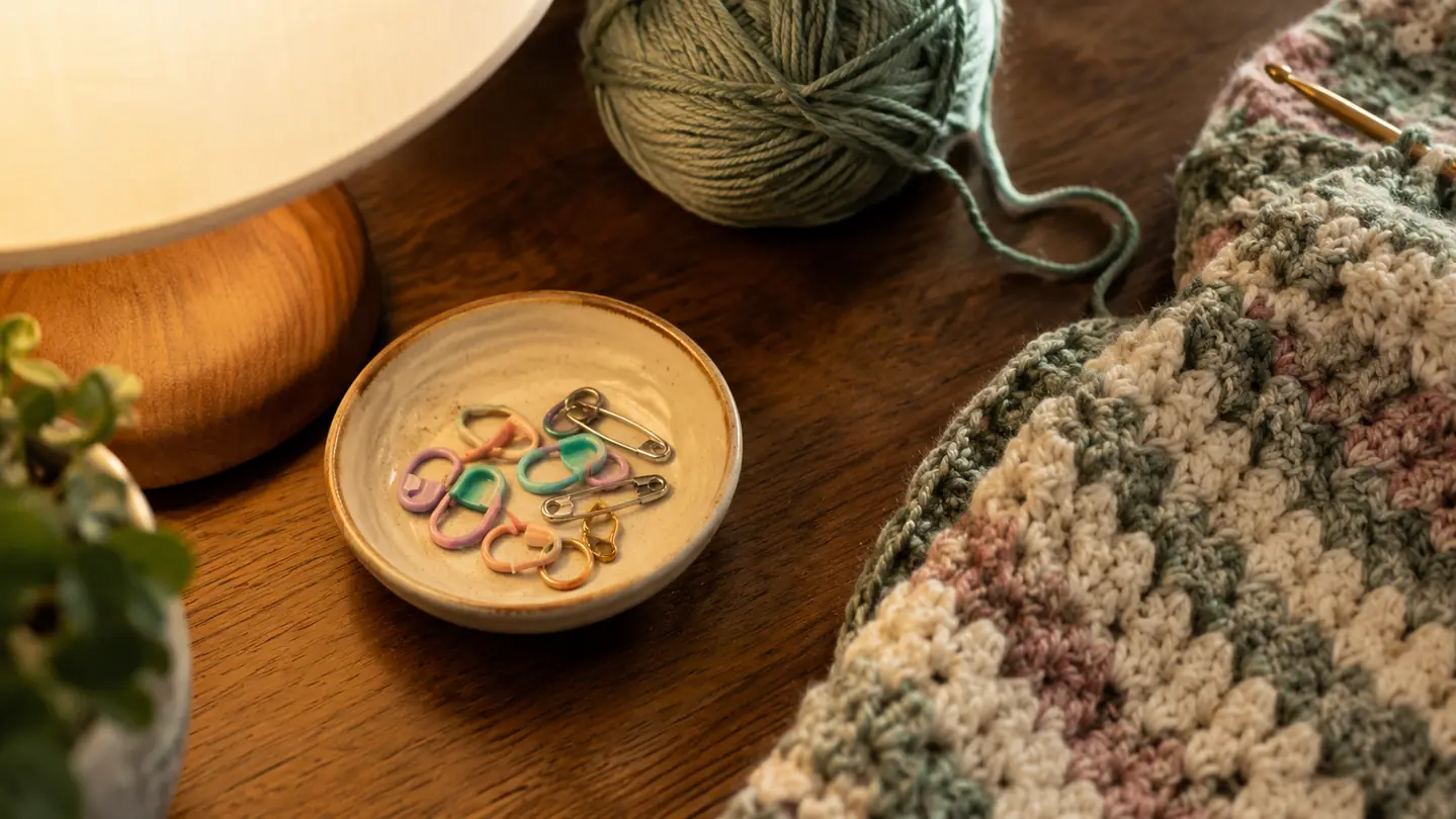 Stitch markers and two safety pins in a small dish beside a half-finished crochet blanket