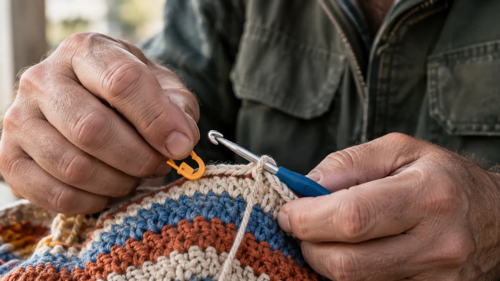 A hand clipping a small colorful stitch marker onto a row of crochet stitches near the hook