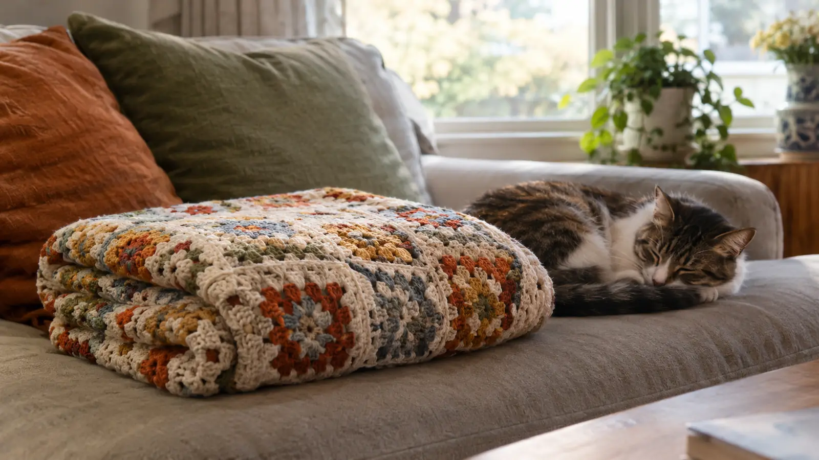 A folded crochet blanket on a couch in a living room, a cat resting nearby