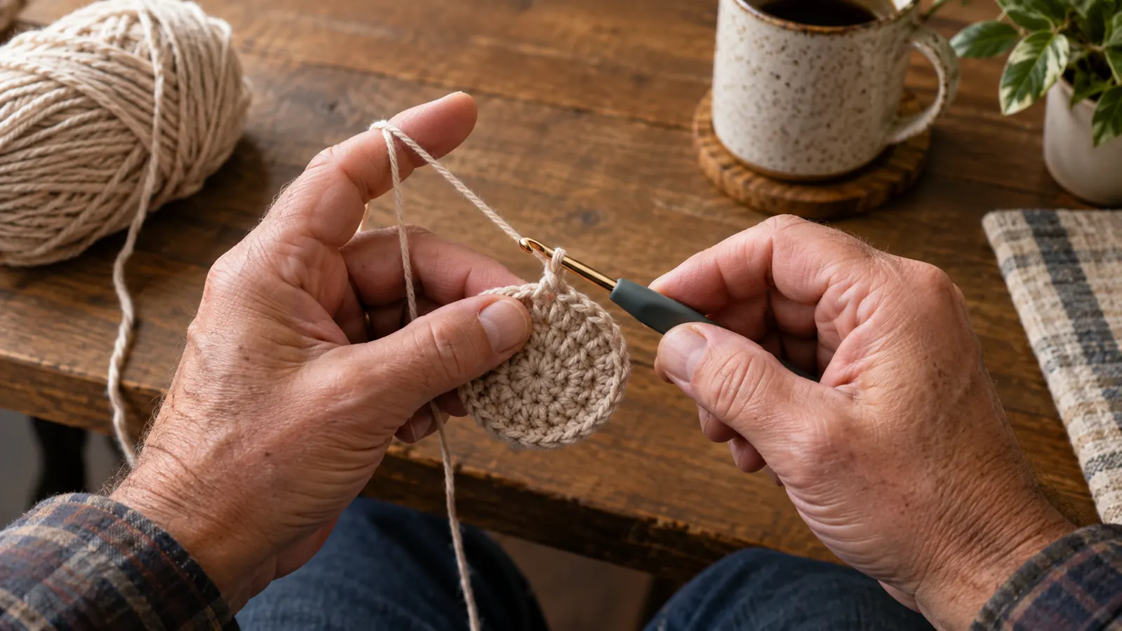 A person's hands working on a small crochet project, yarn held in a relaxed grip