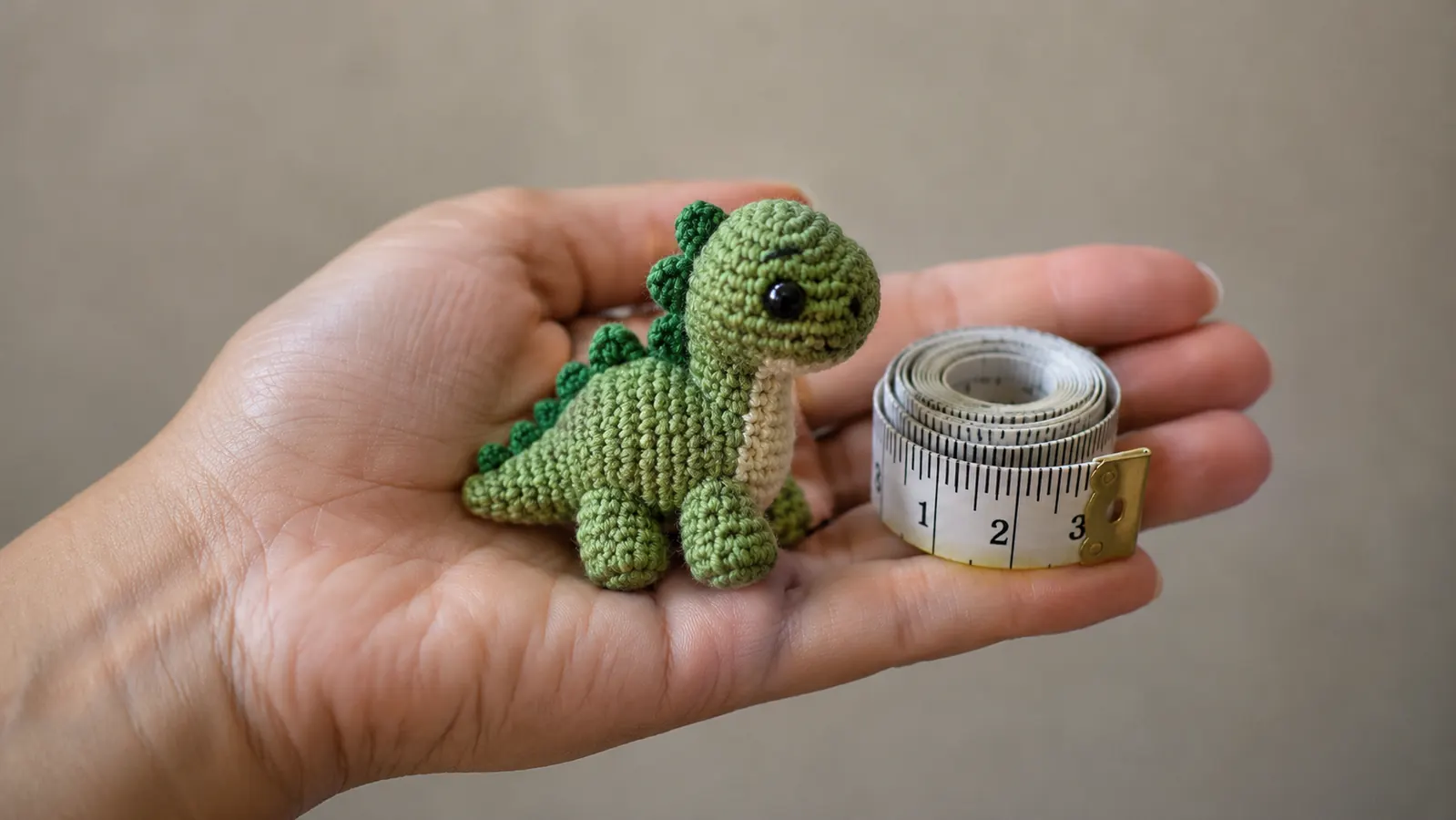 A small crochet dinosaur resting in the palm of a hand next to a tape measure