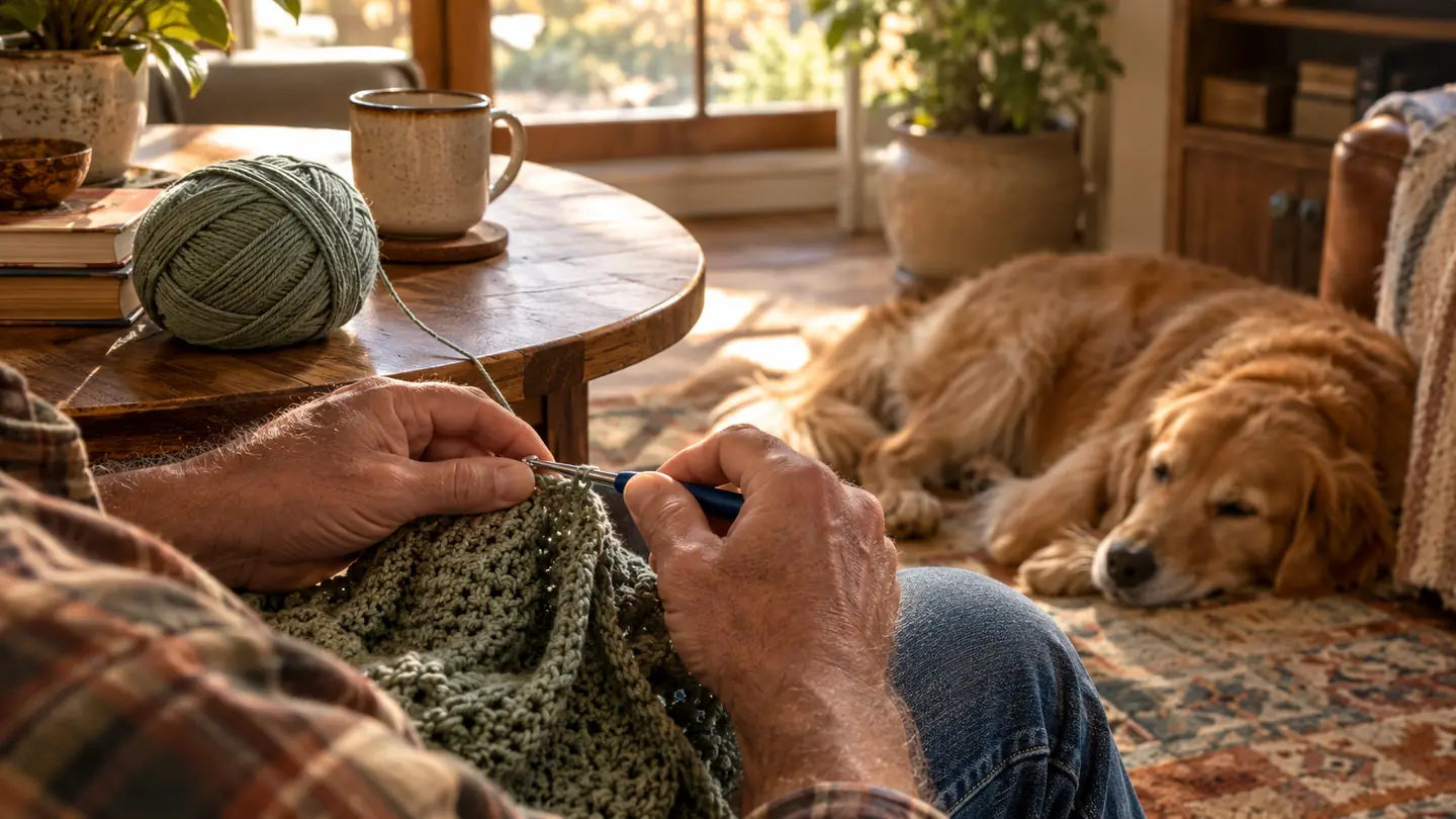 Hands working a crochet hook and yarn at a living room side table, a dog resting nearby on the floor