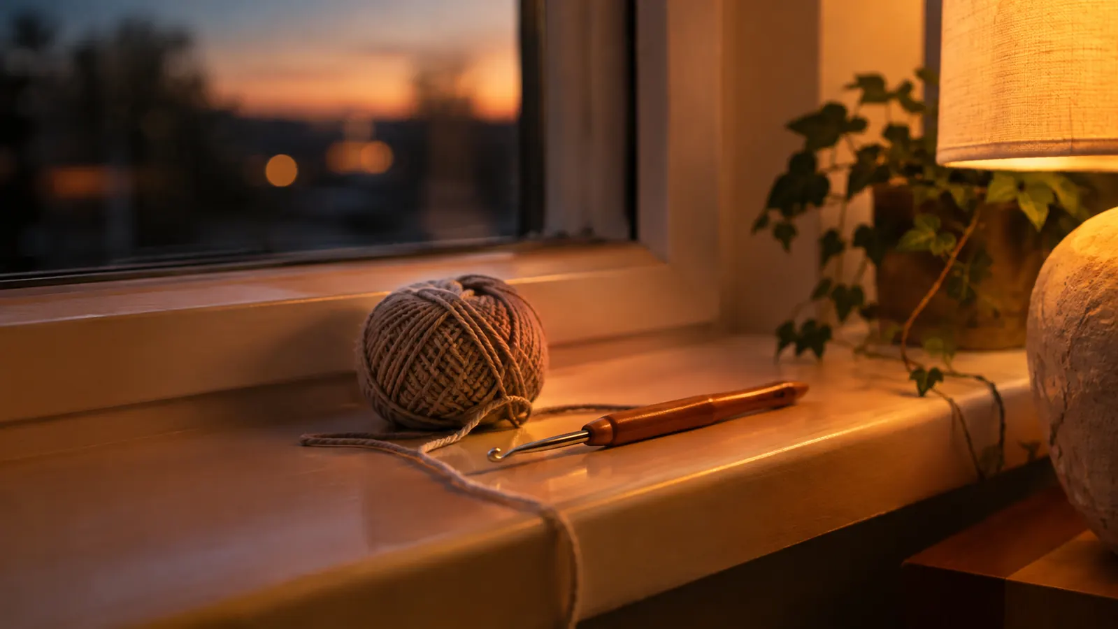 A crochet hook and a small ball of yarn resting on a windowsill in the evening