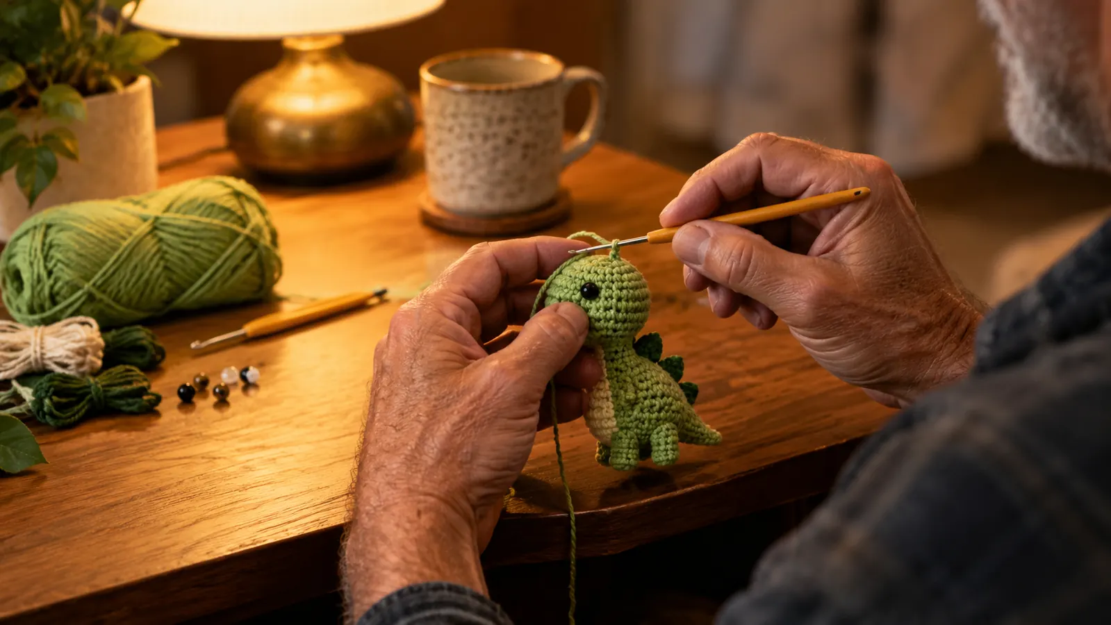 Close view of hands crocheting a small dinosaur with a beginner kit, hook and yarn resting on a wooden side table