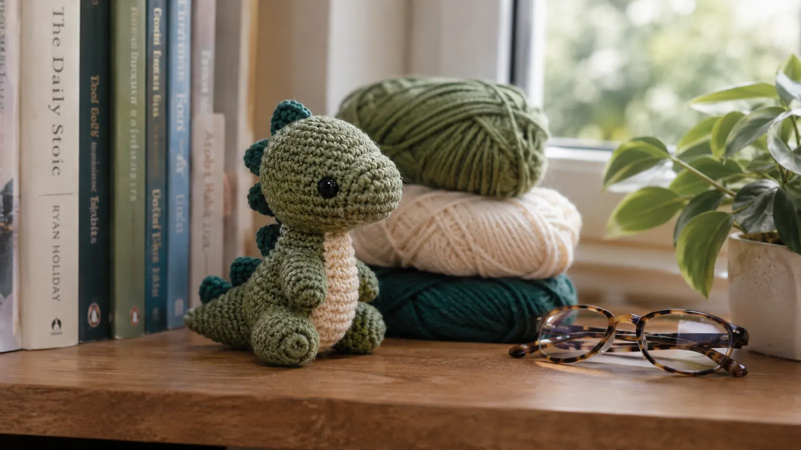 A finished small dinosaur amigurumi on a bookshelf beside a stack of yarn and reading glasses