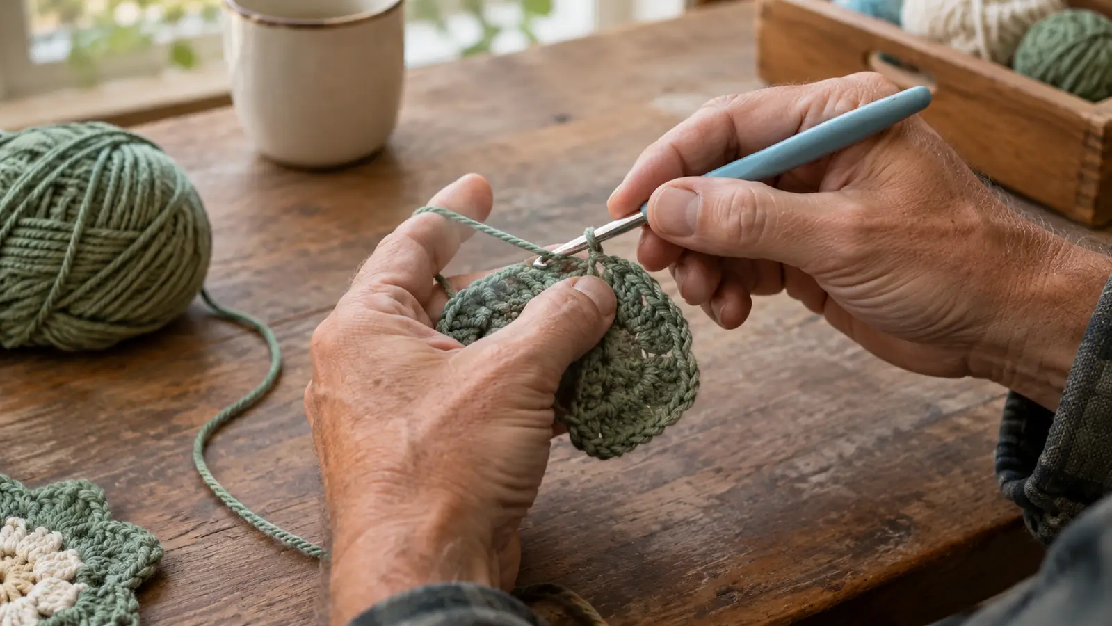 Hands working on a small crochet project with a hook while yarn trails across a wooden table