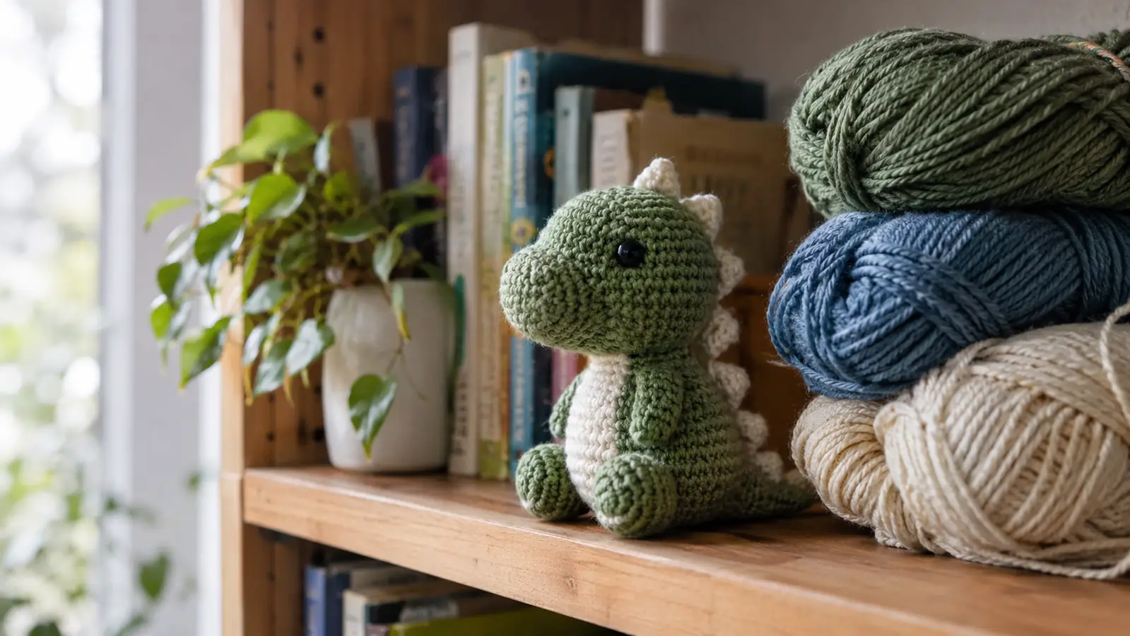 A small crocheted dinosaur sitting on a bookshelf next to a stack of yarn skeins