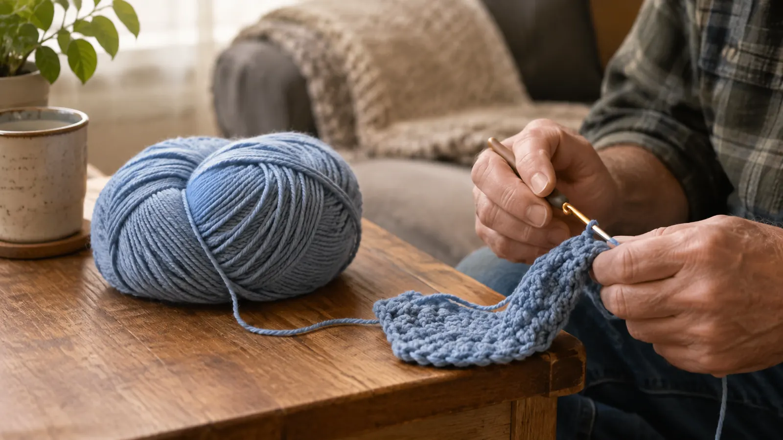 A skein of bulky yarn on a side table beside a crochet hook and a partially worked piece